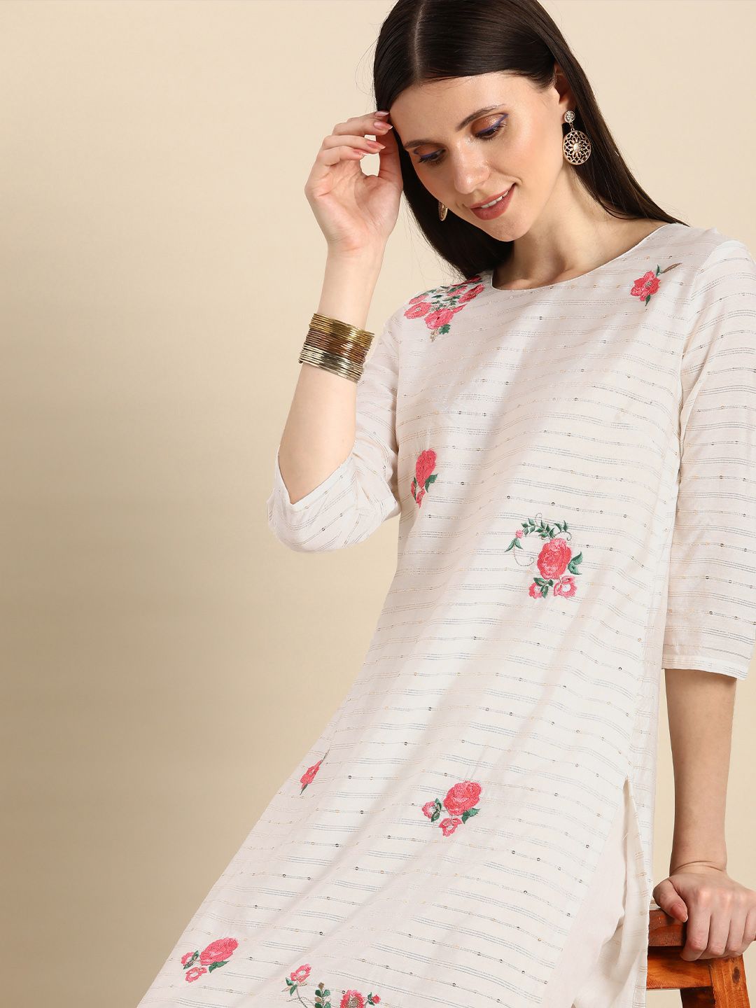 Anouk Women White Floral Embroidered Sequinned Kurta with Trousers Price in India