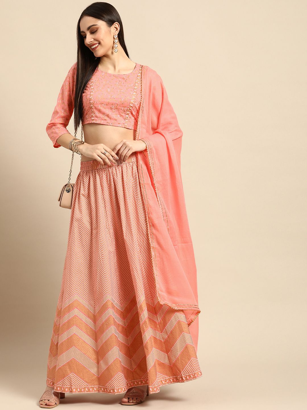Anouk Peach-Coloured Printed Ready to Wear Lehenga & Blouse With Dupatta Price in India
