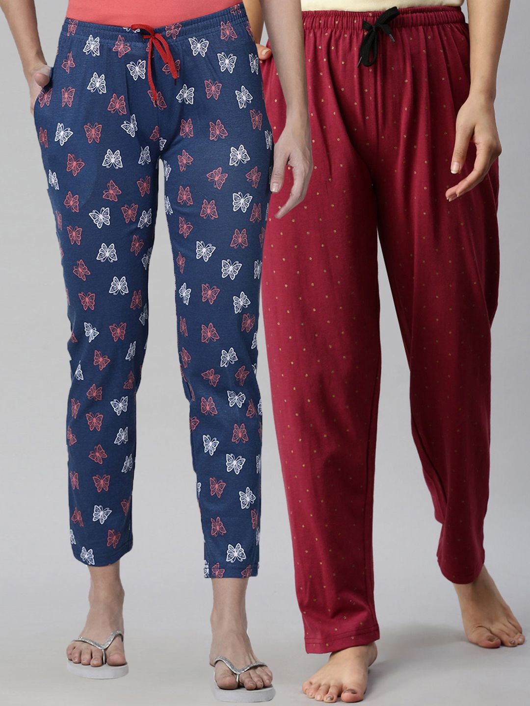 Kryptic Women Pack of 2 Maroon & Navy Blue Printed Cotton Lounge Pants Price in India