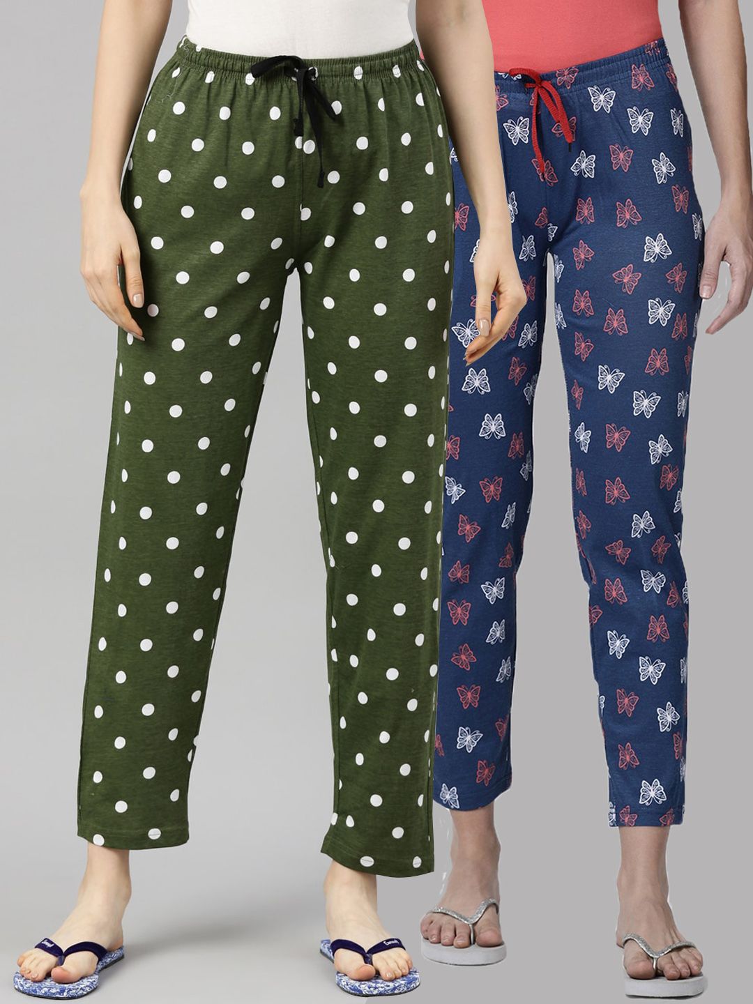 Kryptic Woman Pack of 2 Navy Blue & Green 100% Cotton Printed Lounge Pants Price in India