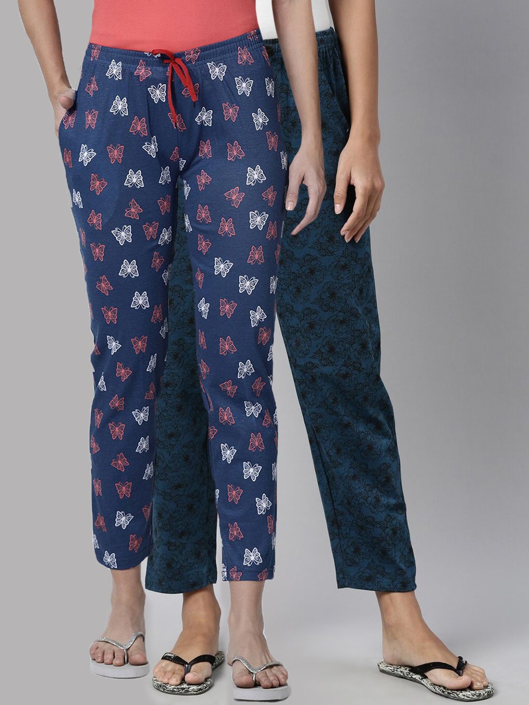 Kryptic Women Navy Blue & Teal Pack Of 2 Printed Pure Cotton Lounge Pants Price in India