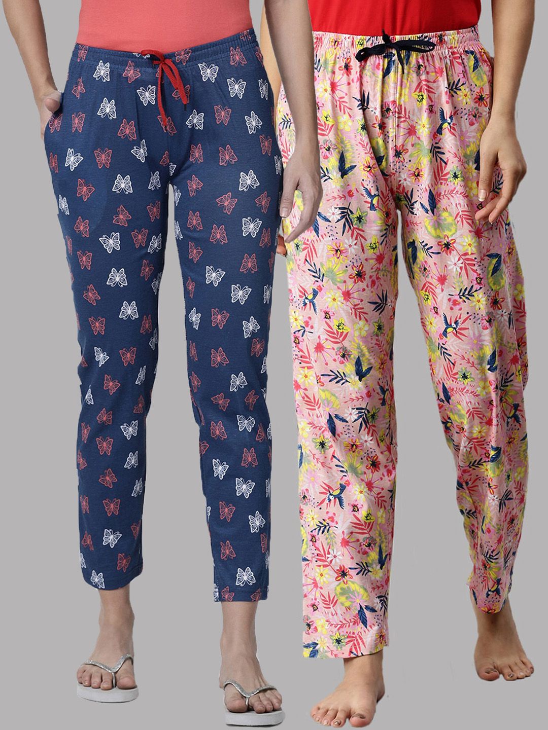 Kryptic Women Pack of 2 Navy Blue & Pink Printed Cotton Lounge Pants Price in India