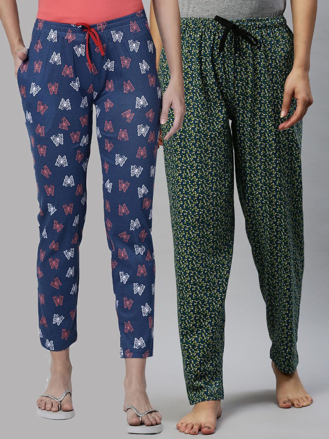 Kryptic Woman Pack of 2 Navy Blue & Green Pure Cotton Printed Lounge Pants Price in India