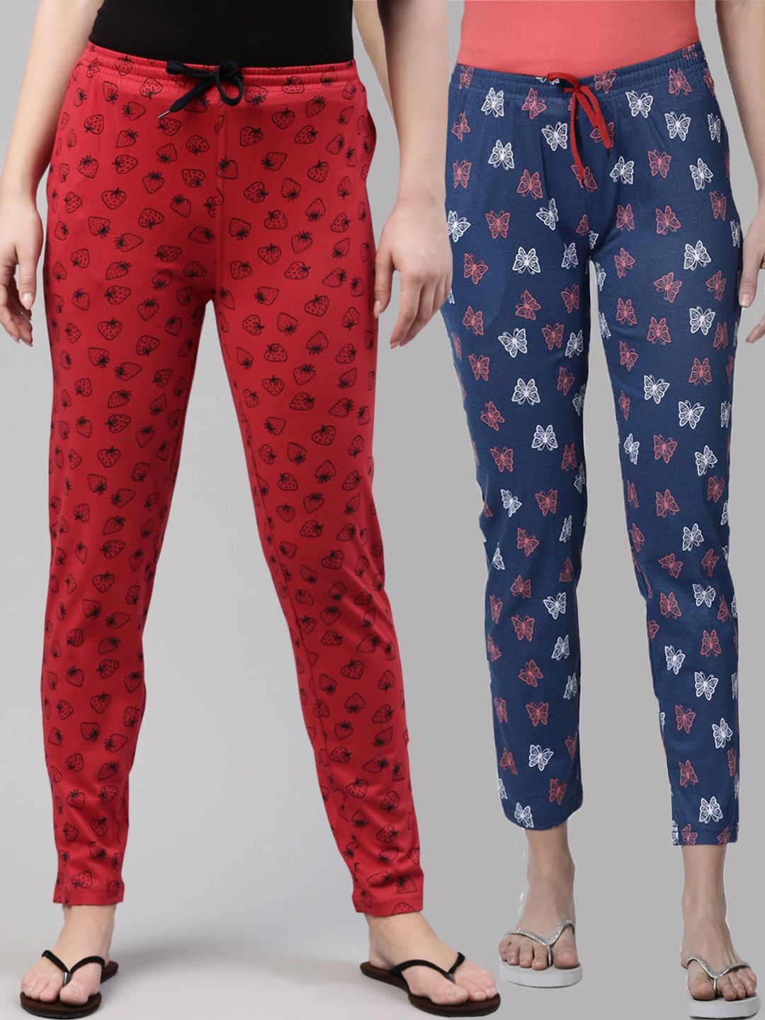 Kryptic Women Pack of 2 Blue & Red Printed Mid Rise Cotton Lounge Pants Price in India