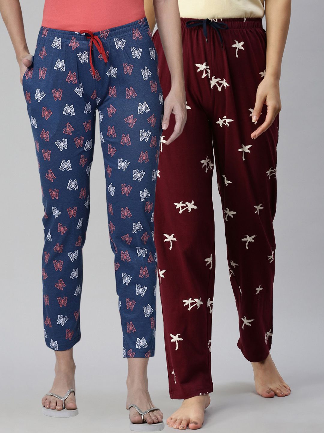 Kryptic Women Navy Blue & Maroon Pack Of 2 Printed Pure Cotton Lounge Pants Price in India