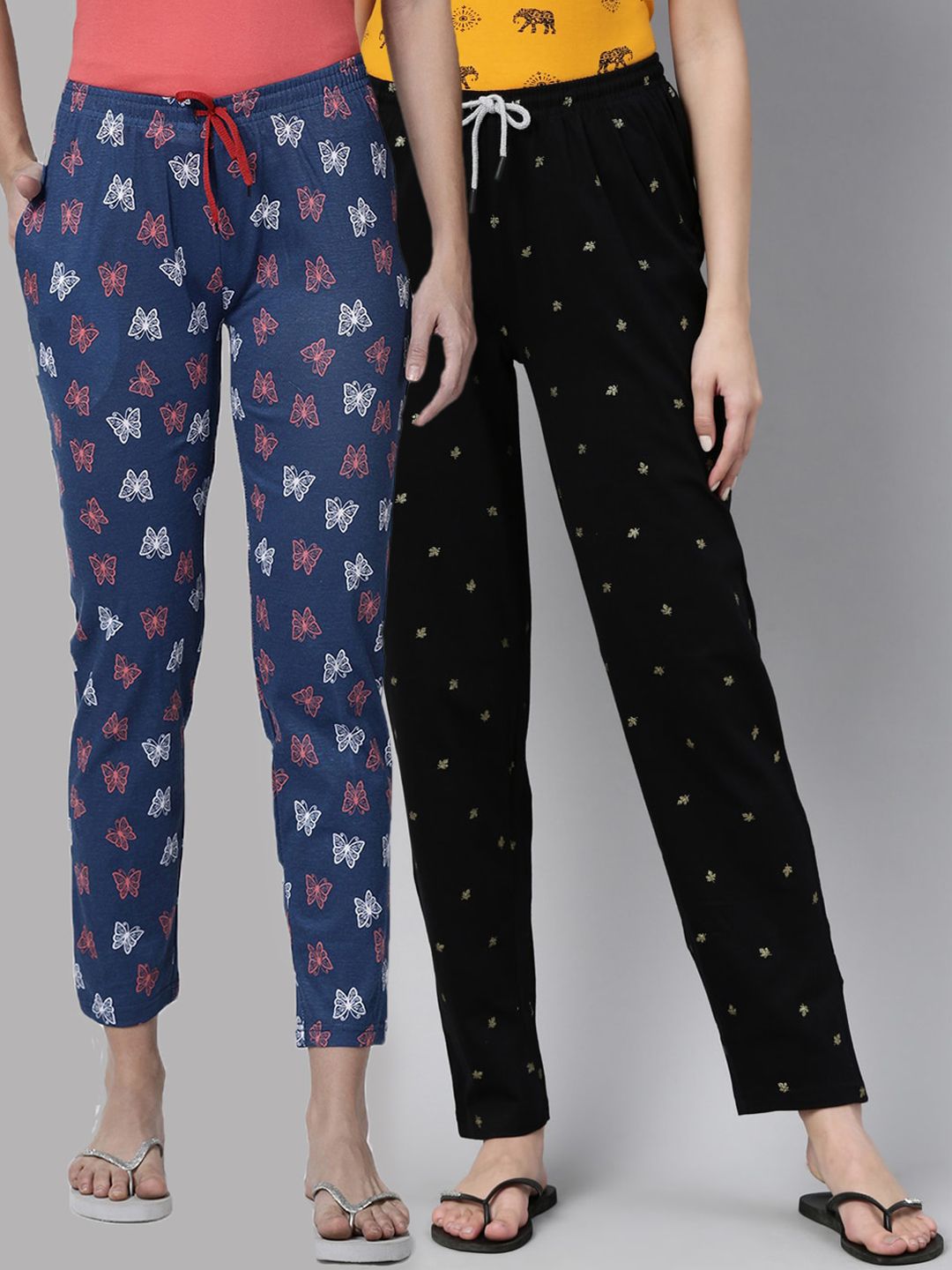 Kryptic Women Pack of 2 Navy Blue & Black Printed Cotton Lounge Pants Price in India