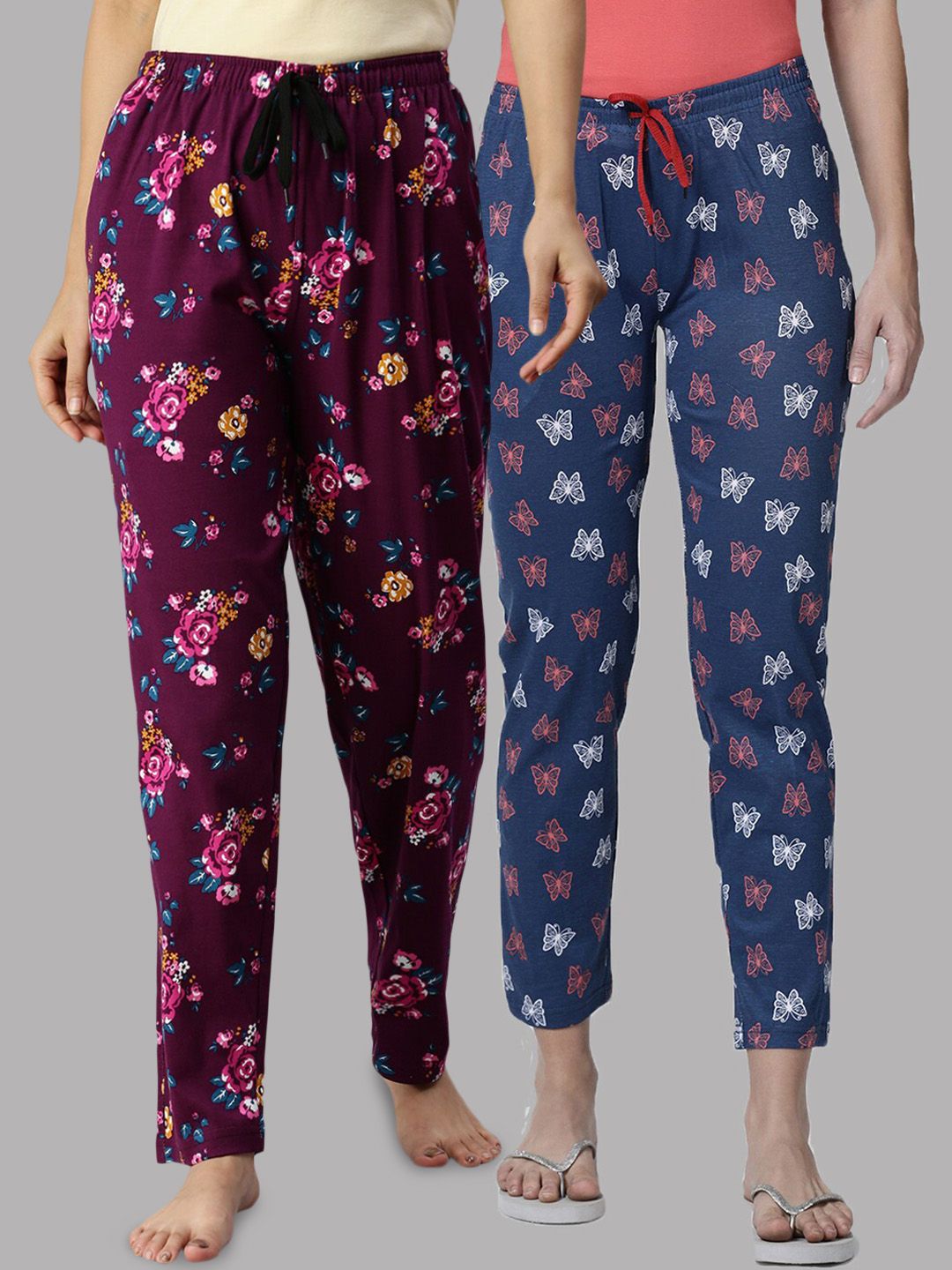 Kryptic Women Pack of 2 Blue & Maroon Printed Mid Rise Cotton Lounge Pants Price in India