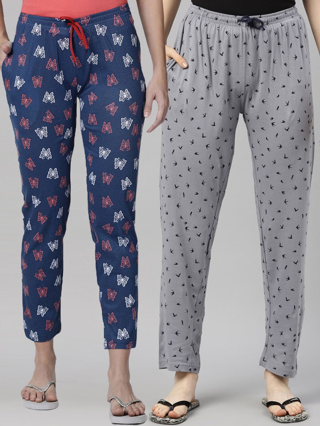 Kryptic Women Pack Of 2 Navy Blue & Grey Printed Pure Cotton Lounge Pant Price in India