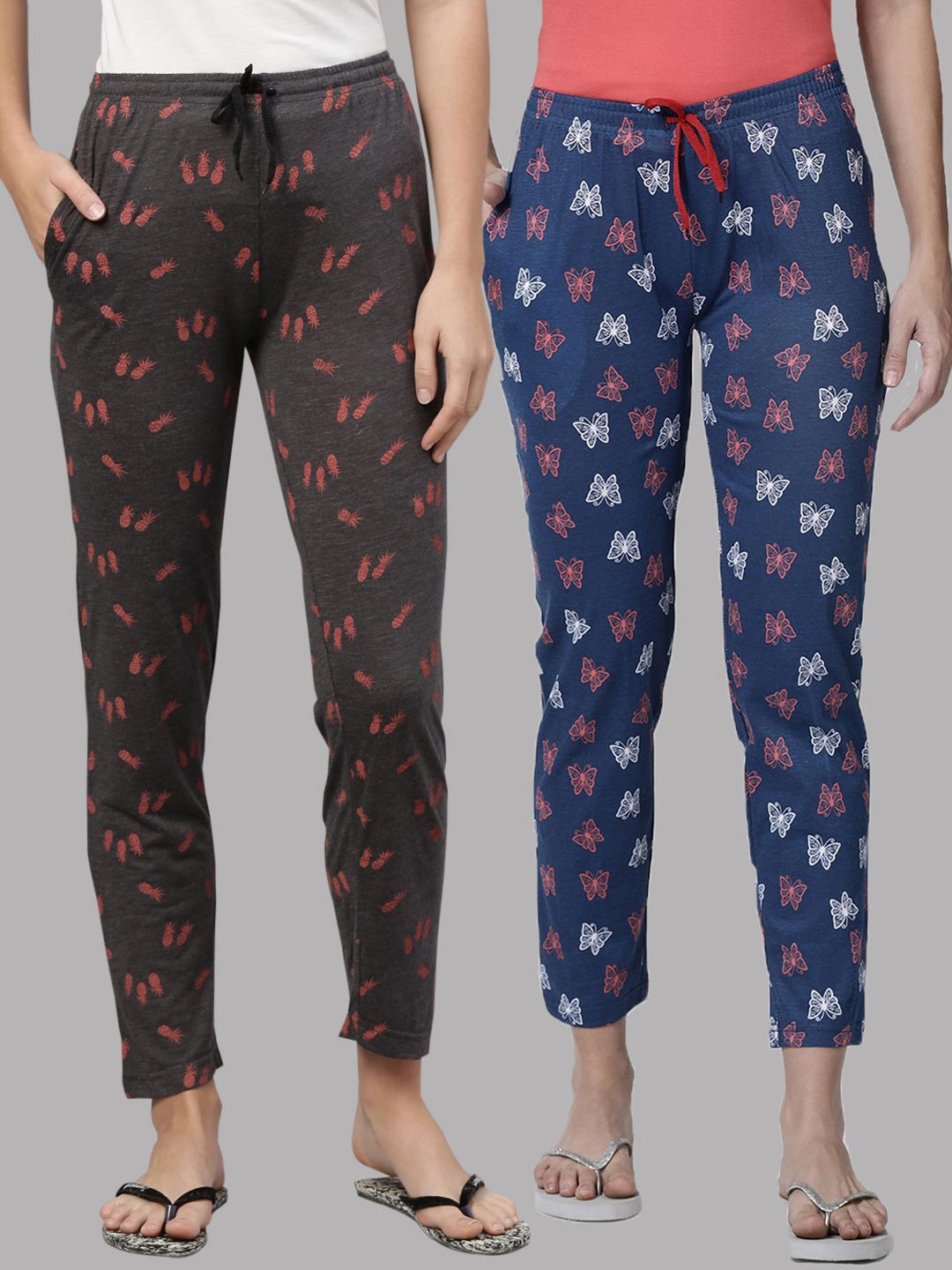 Kryptic Woman Pack of 2 Navy Blue & Charcoal Grey 100% Cotton Printed Lounge Pants Price in India