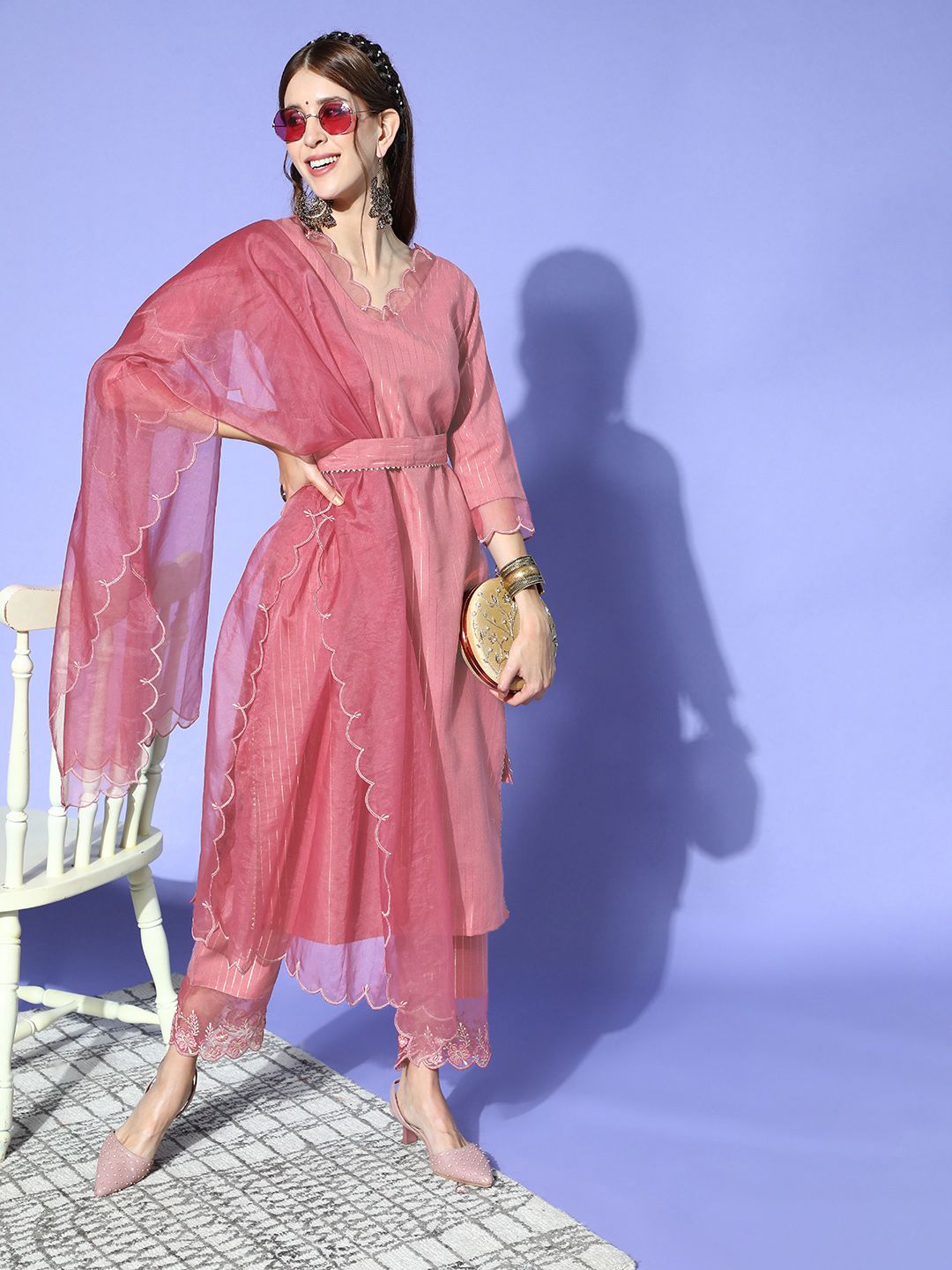 Yufta Striped Cotton Blend Scalloped Edge Kurta Set