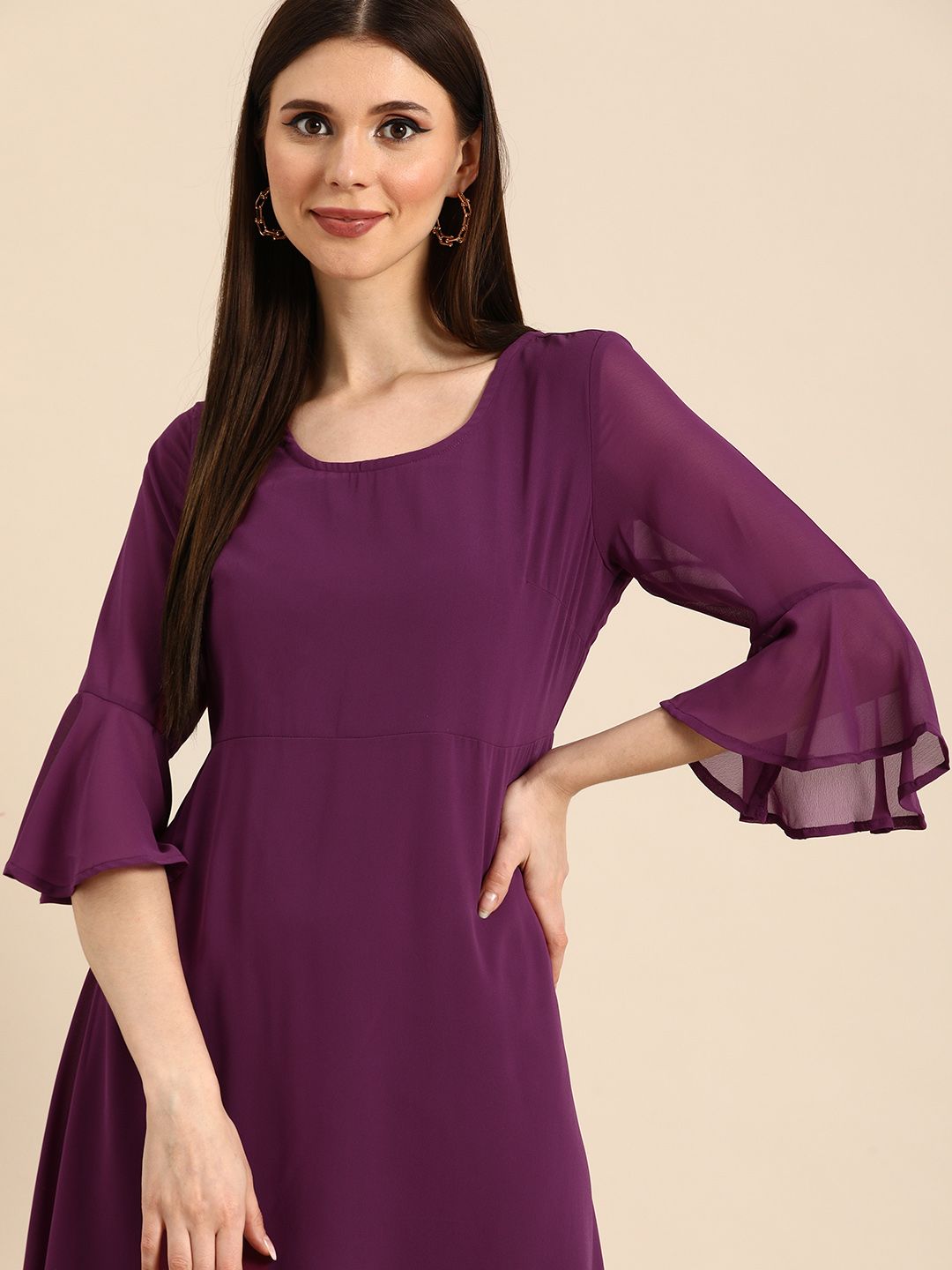 Anouk Women Purple Solid Semi-Sheer Ethnic Midi A-Line Dress Price in India