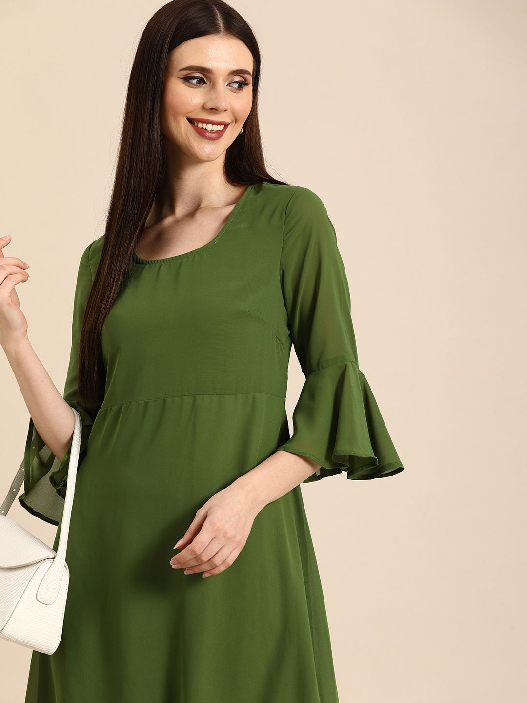 Anouk Women Olive Green Solid A-Line Dress Price in India