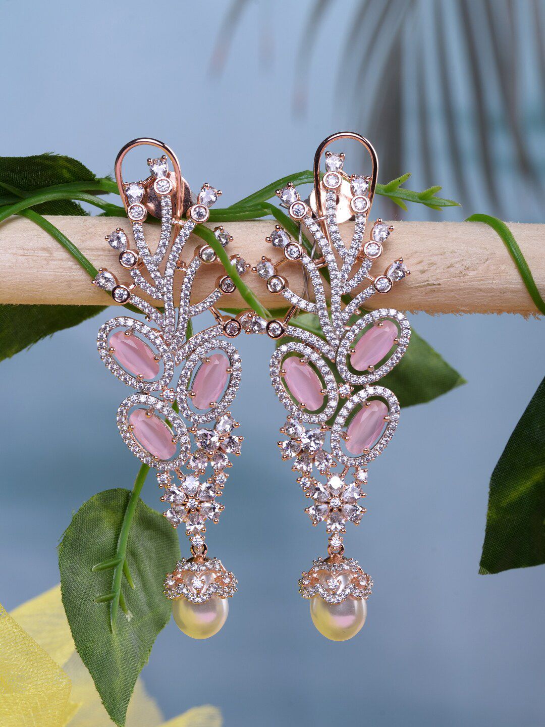 Saraf RS Jewellery Handcrafted Rose Gold Plated Pink American Diamonds Drop Earrings Price in India