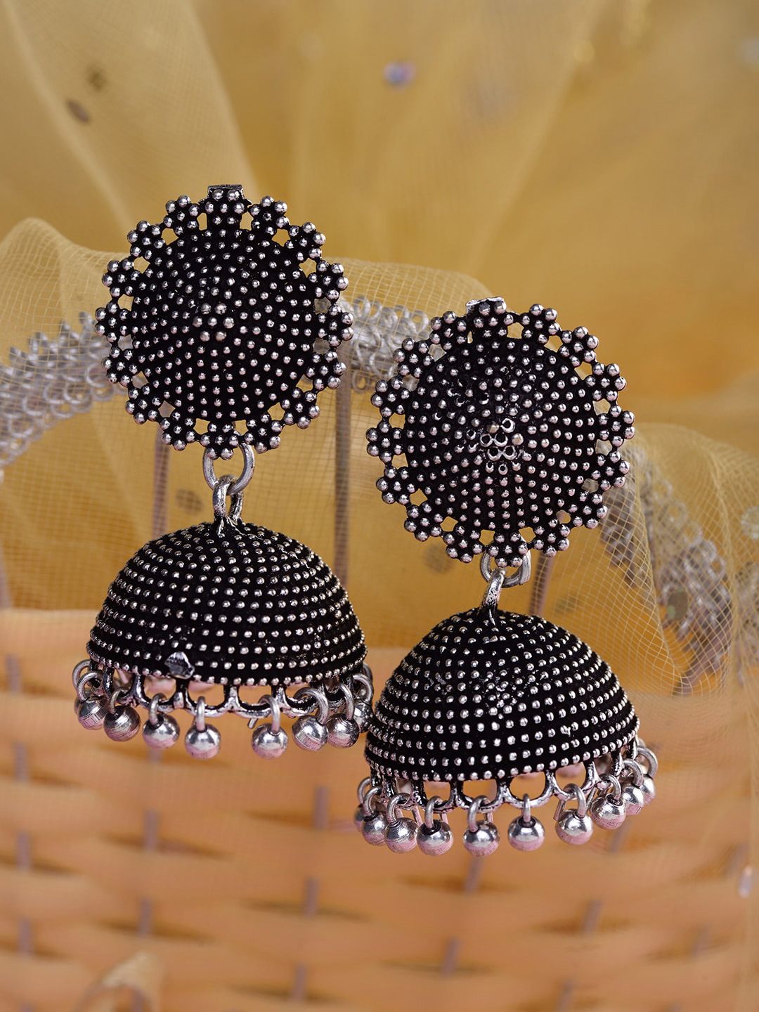 Saraf RS Jewellery Black Dome Shaped Filigree Jhumkas Earrings Price in India