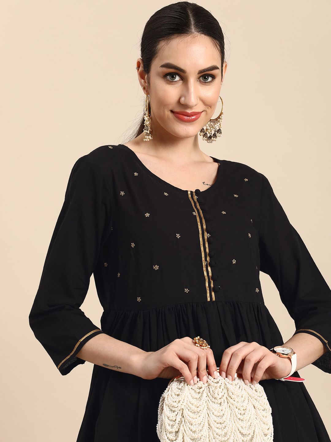 Anouk Women Black Pure Cotton Kurta with Trousers Price in India