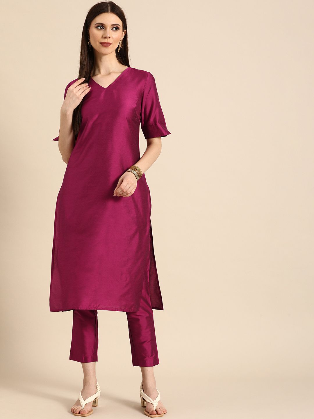 Anouk Women Fuchsia Solid Kurta with Trousers Price in India