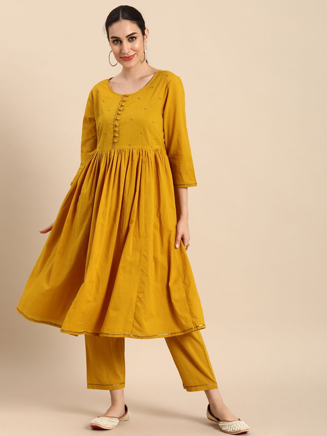 Anouk Women Mustard Yellow Empire Pure Cotton Kurta with Palazzos Price in India