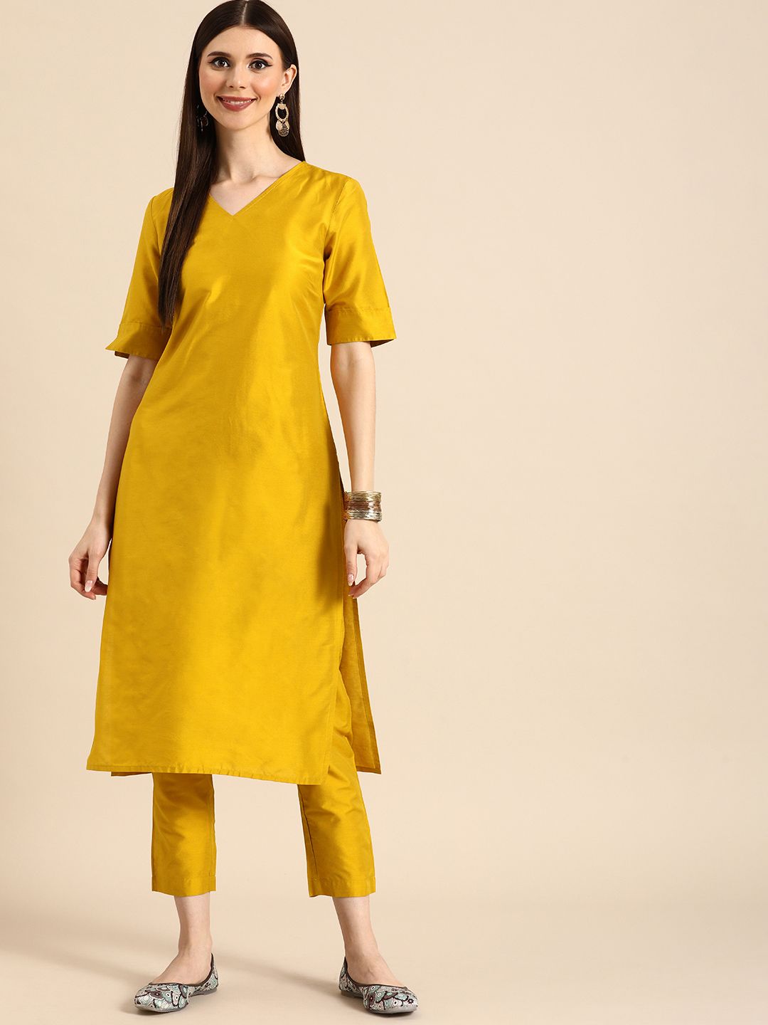 Anouk Women Mustard Yellow Solid Kurta with Trousers Price in India