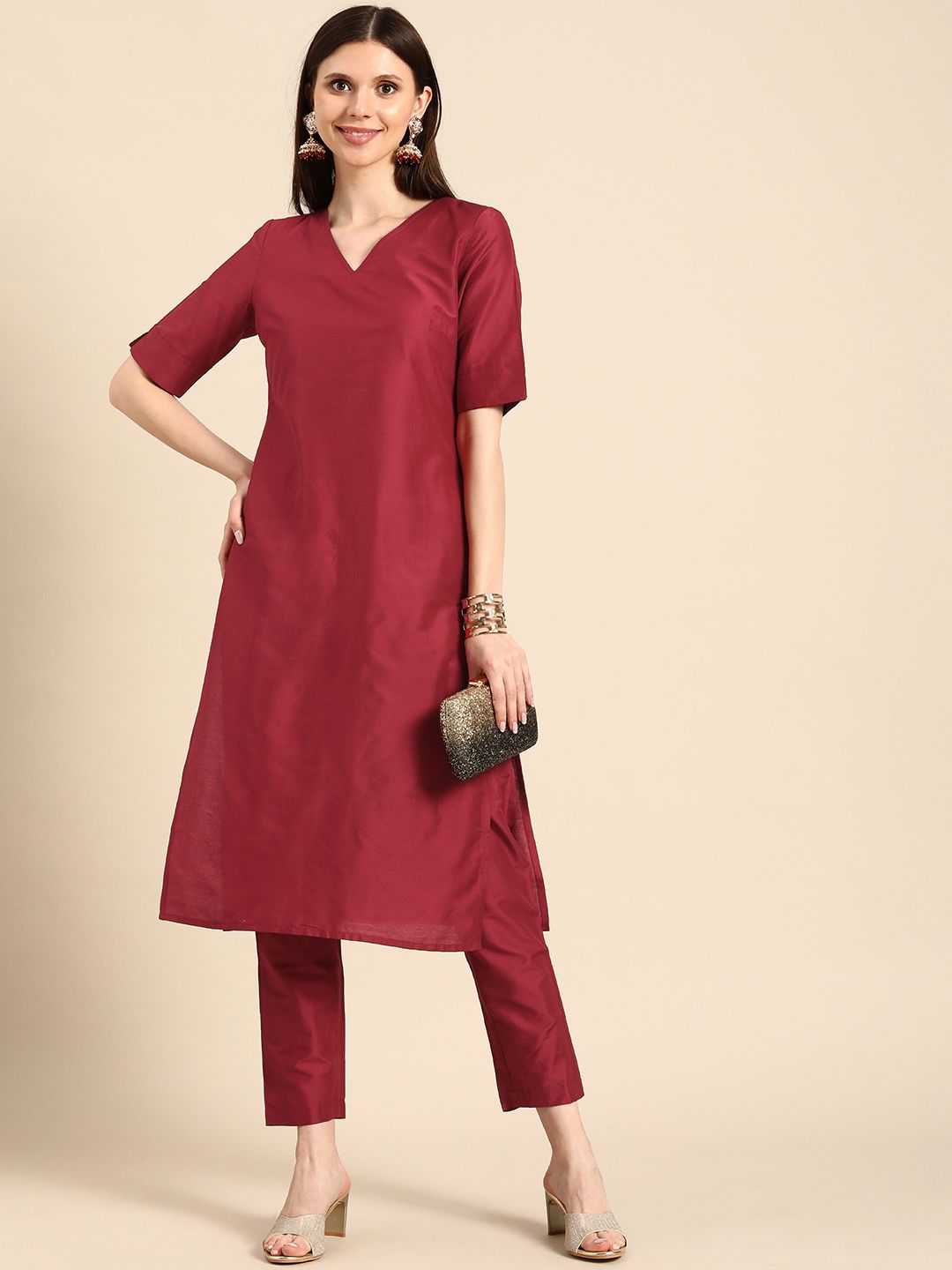 Anouk Women Maroon Solid V-Neck Straight Kurta with Trousers Price in India