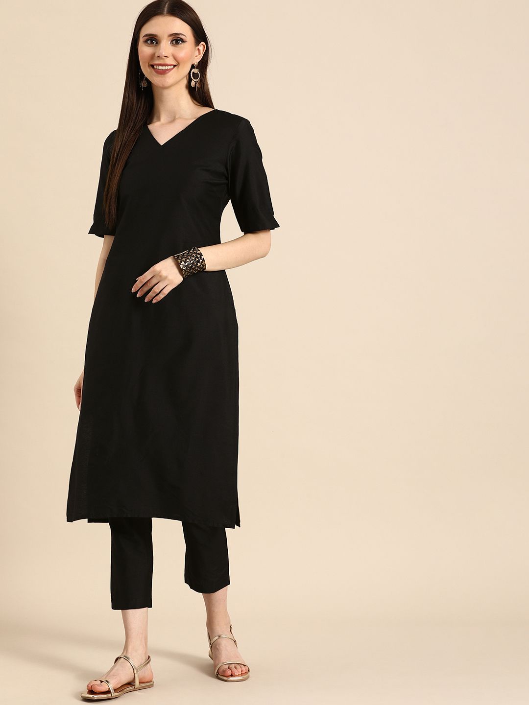 Anouk Women Black Solid Kurta with Trousers