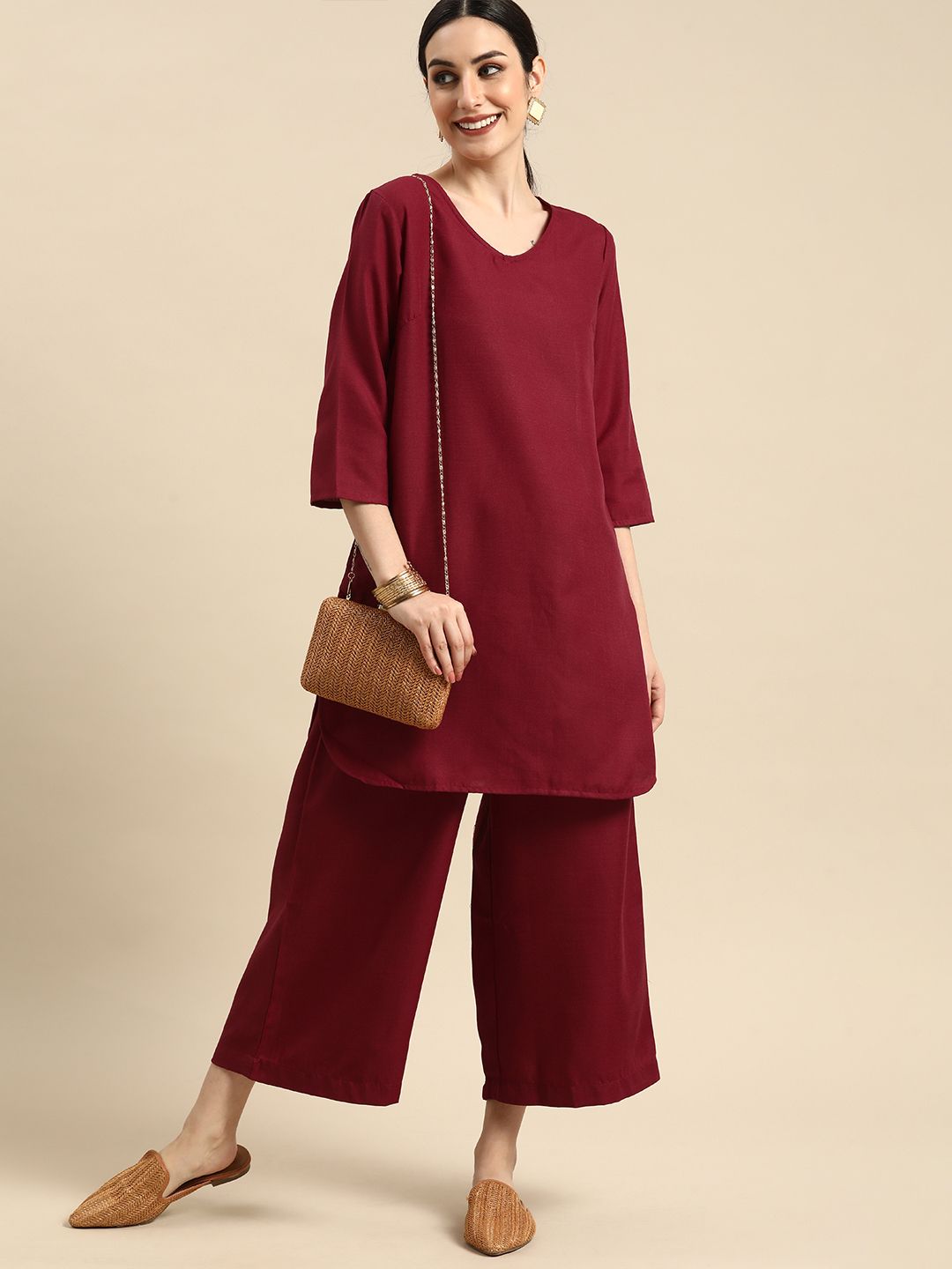 Anouk Women Maroon Solid Kurta with Palazzos