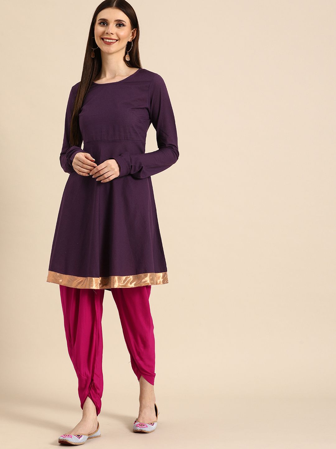 Anouk Women Violet & Pink Solid Gotta Patti Kurta with Dhoti Pants