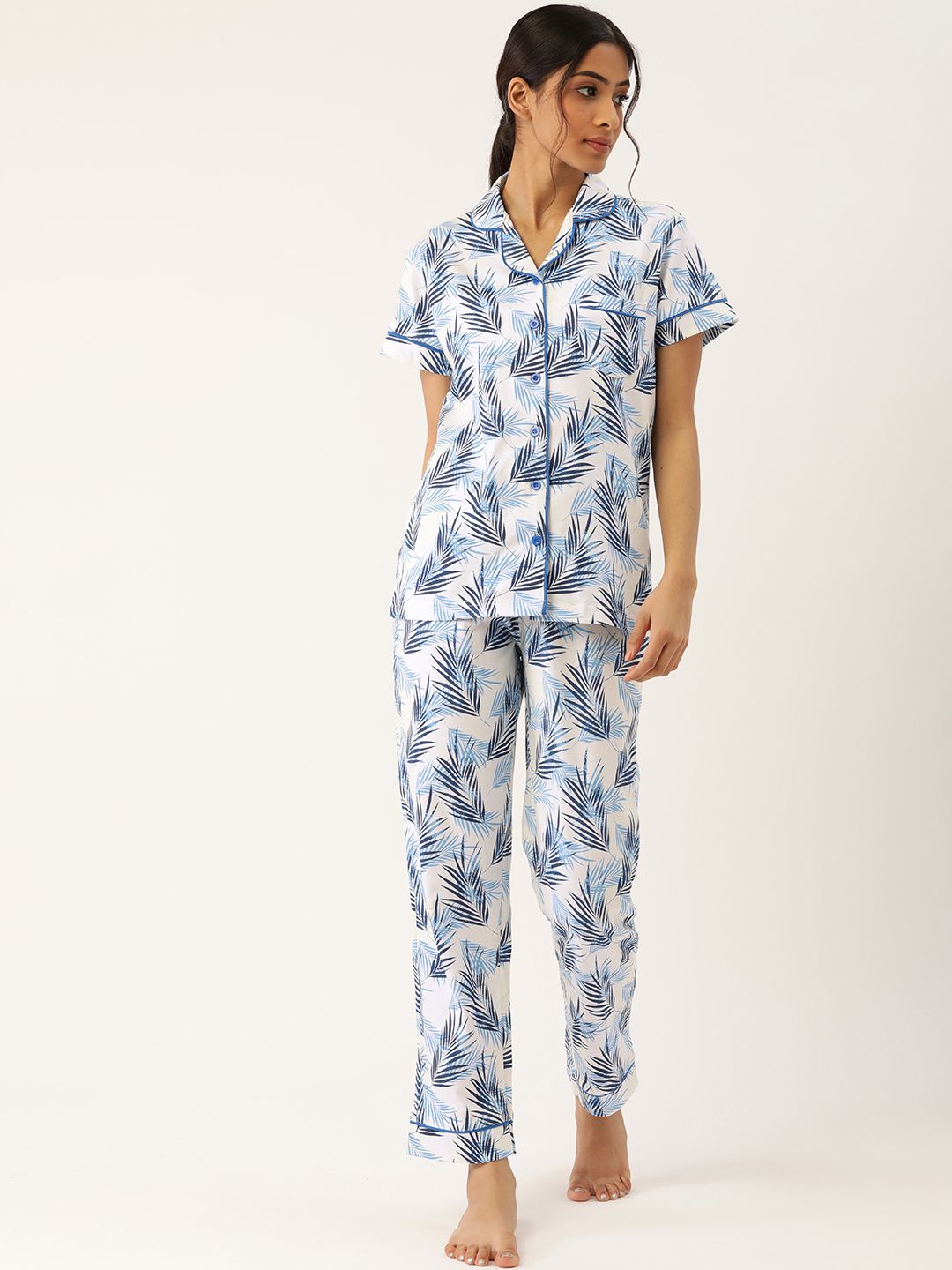 Nite Flite Women Off White & Blue Tropical Printed Pure Cotton Vacation Pyjama Set Price in India