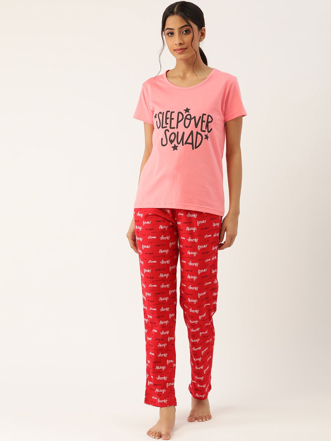 Nite Flite Women Pink & Red Printed Sleepover Squad Pyjama Set Price in India