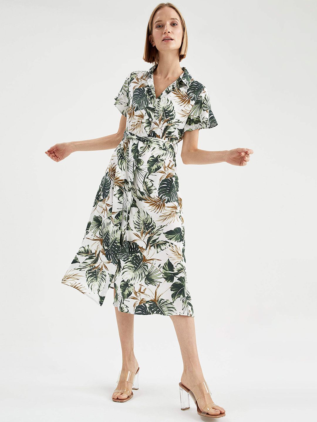 DeFacto White & Green Tropical Print Shirt Midi Dress with Belt Price in India
