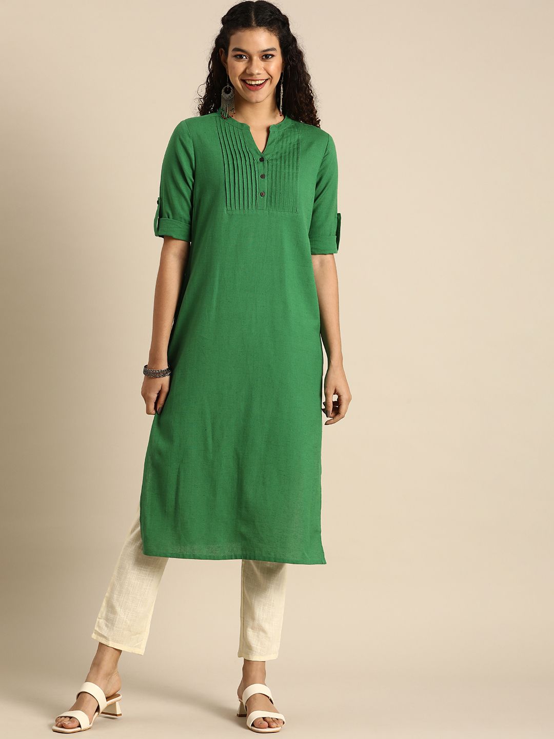 Anouk Women Green Solid V Neck Roll- Up Sleeves Kurta With Pleated Yoke Price in India