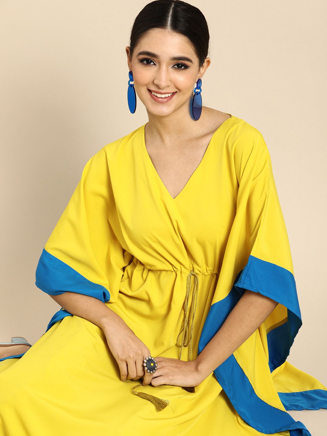 Anouk Women Yellow & Blue Solid Kaftan Kurta Price in India