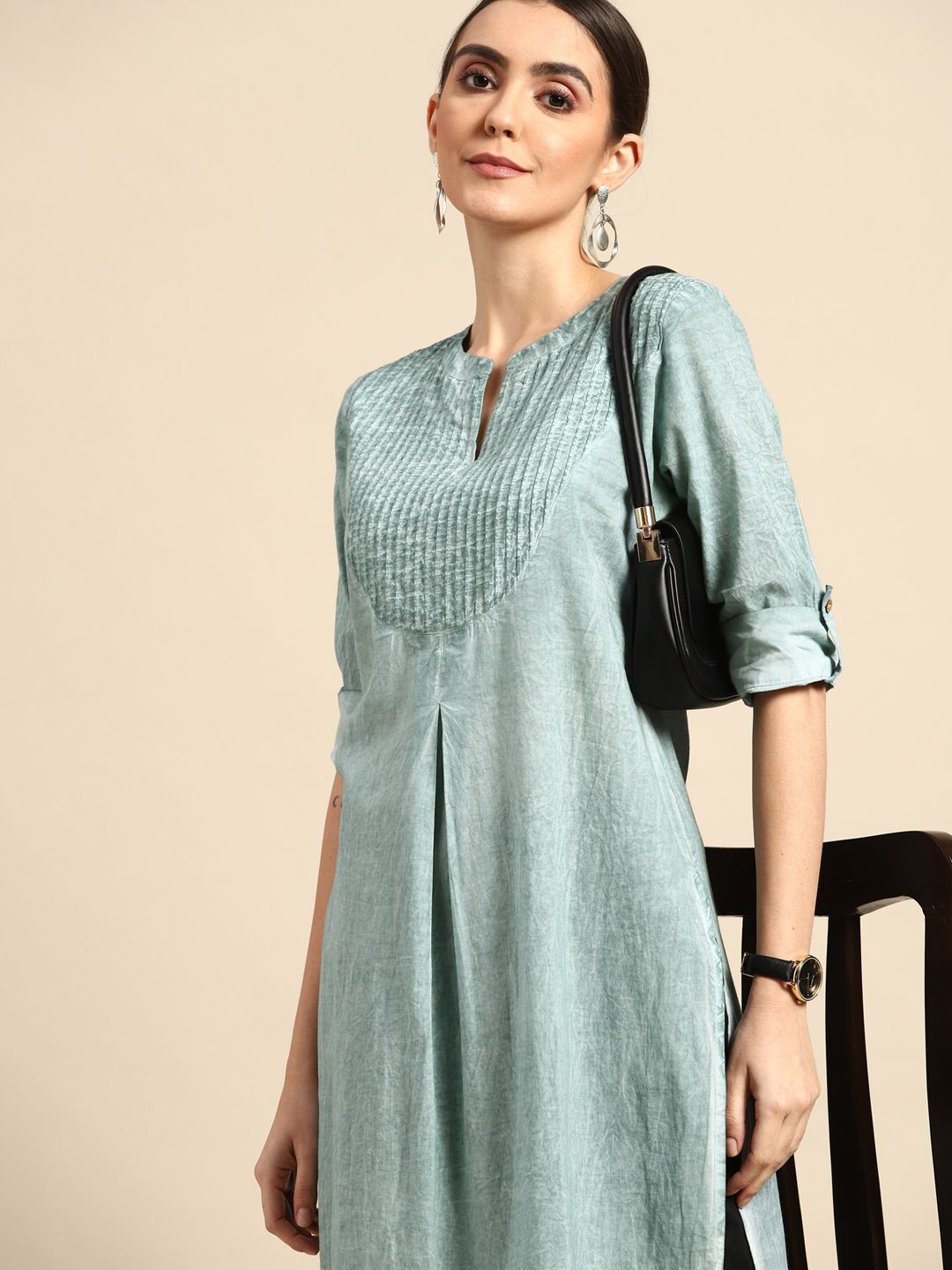 Anouk Women Light Blue Yoke Design Pure Cotton Pleated A-Line Kurta Price in India