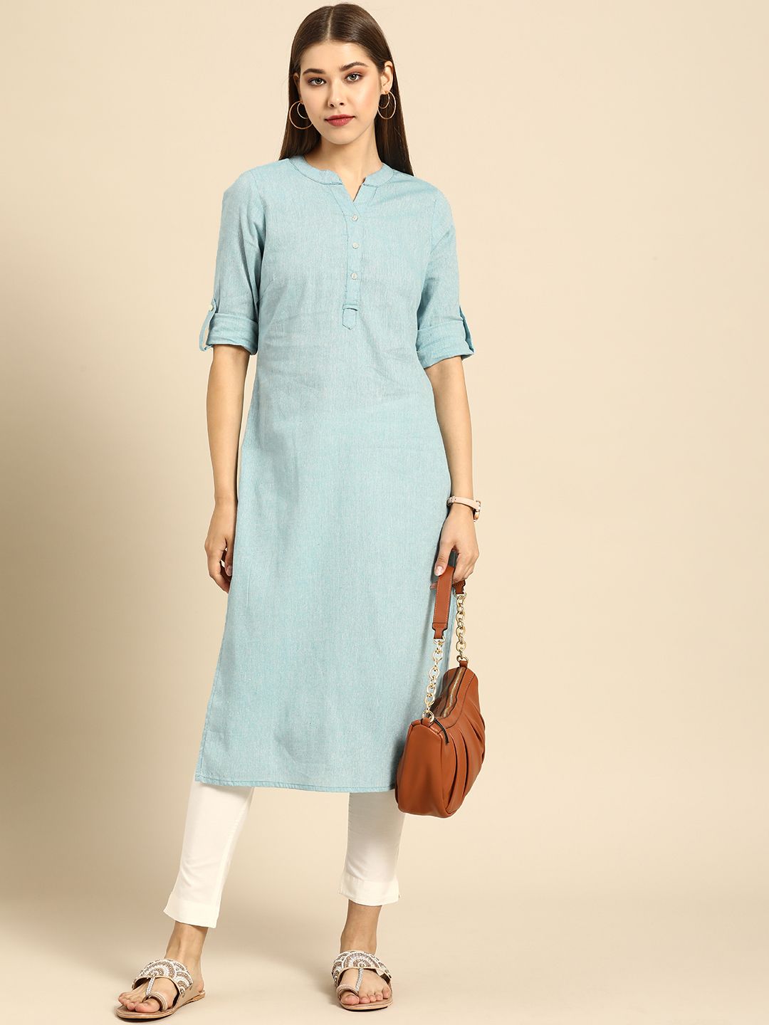 Anouk Women Blue Solid Pure Cotton Kurta Price in India