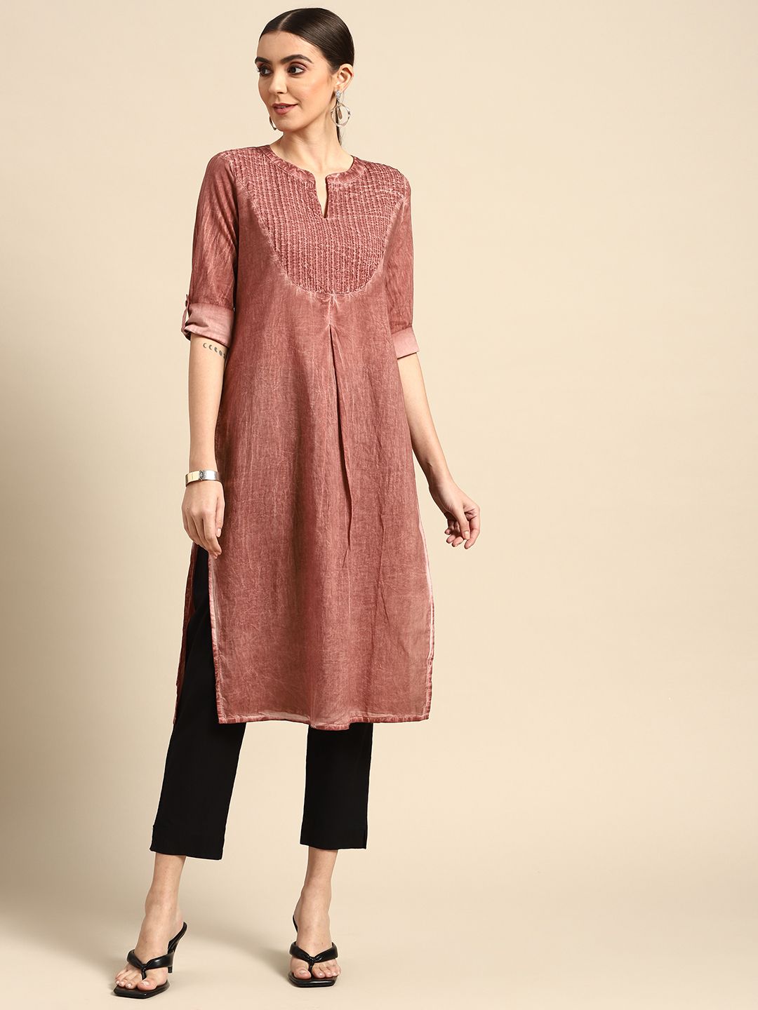 Anouk Women Brown Self Designed Mandarin Collar Straight Kurta Price in India