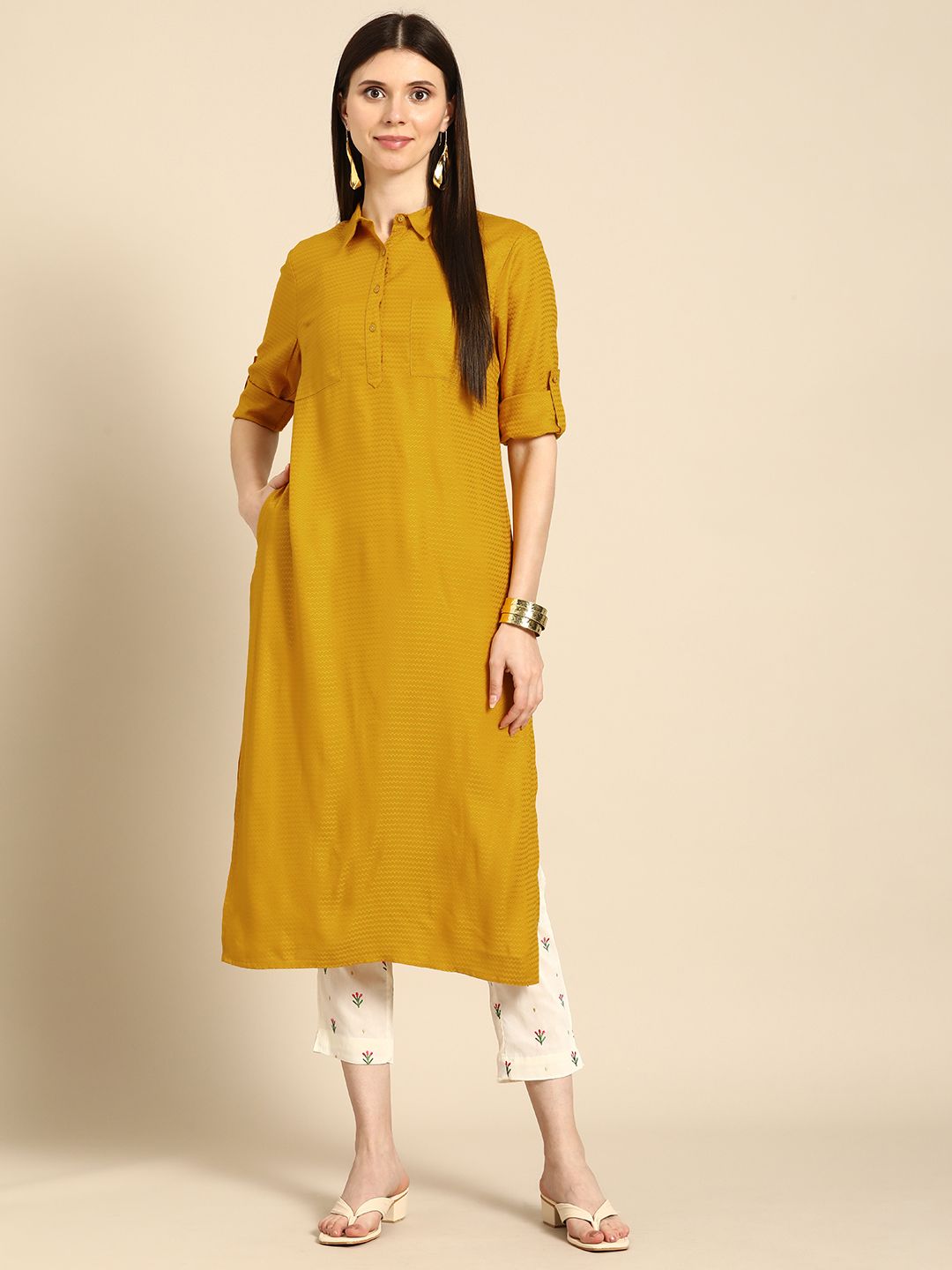 Anouk Women Mustard Yellow Pathani Kurta Price in India