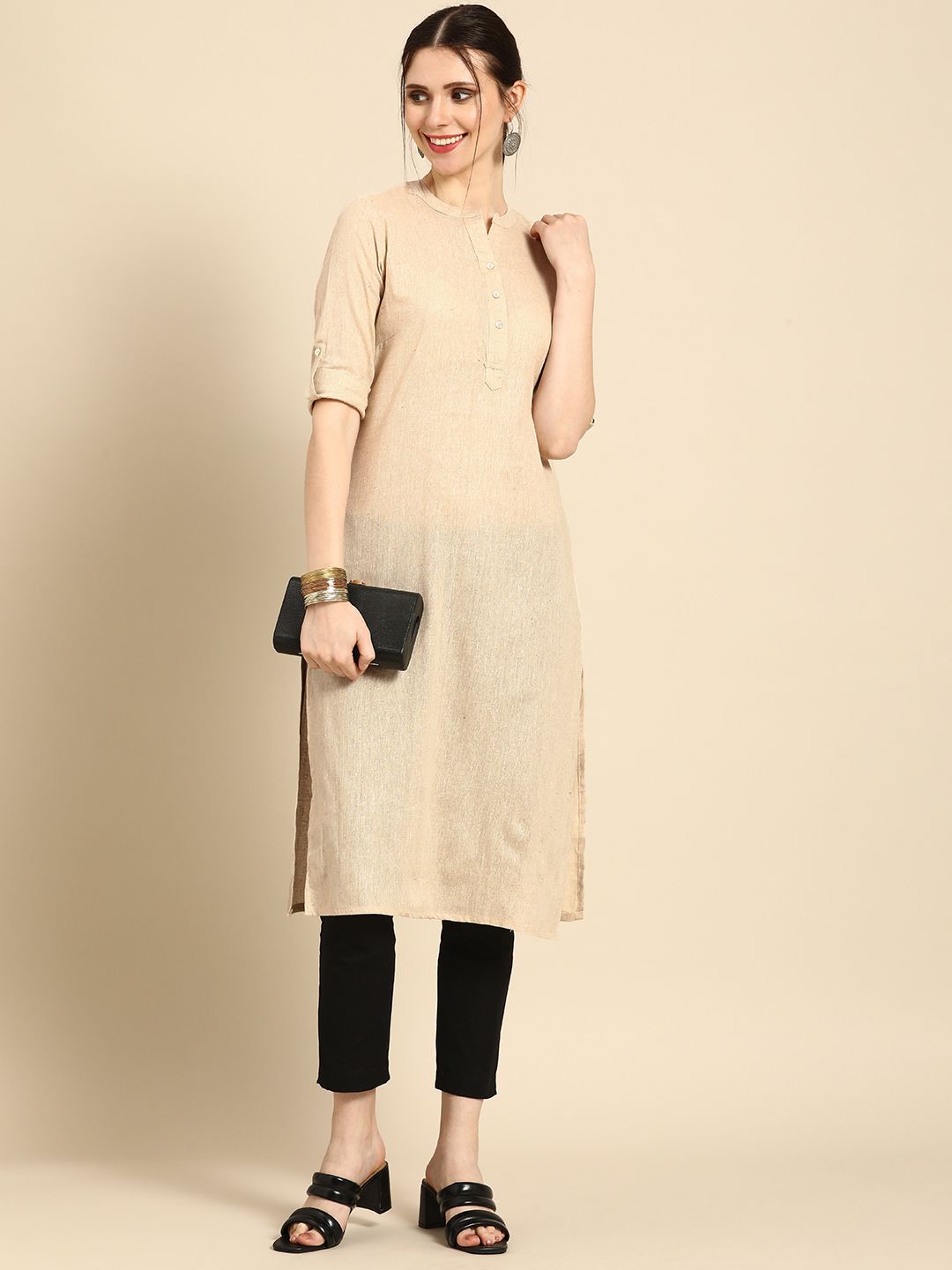 Anouk Women Beige Solid Pure Cotton Kurta Price in India