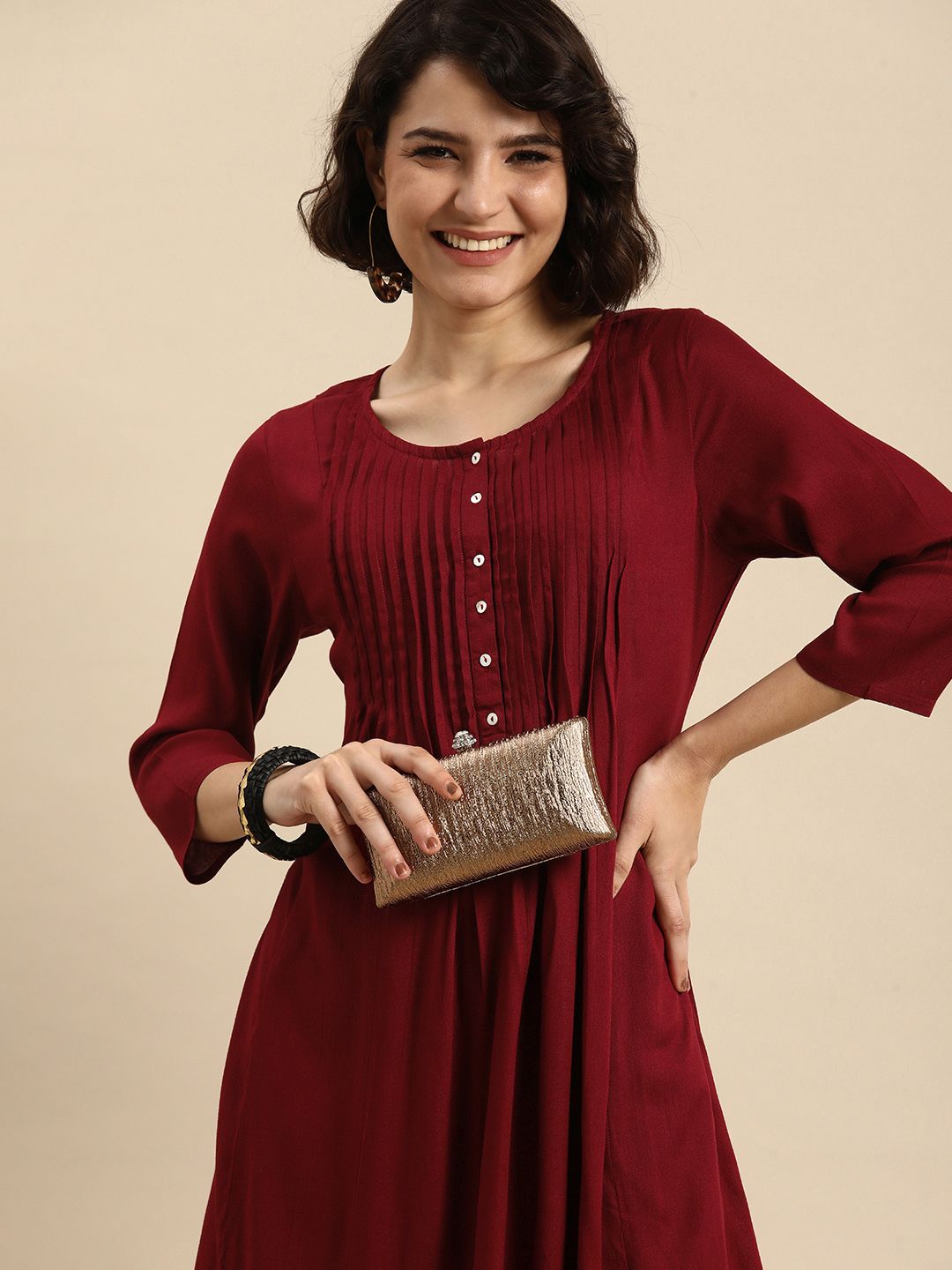 Anouk Women Maroon Solid Pleated Kurta Price in India