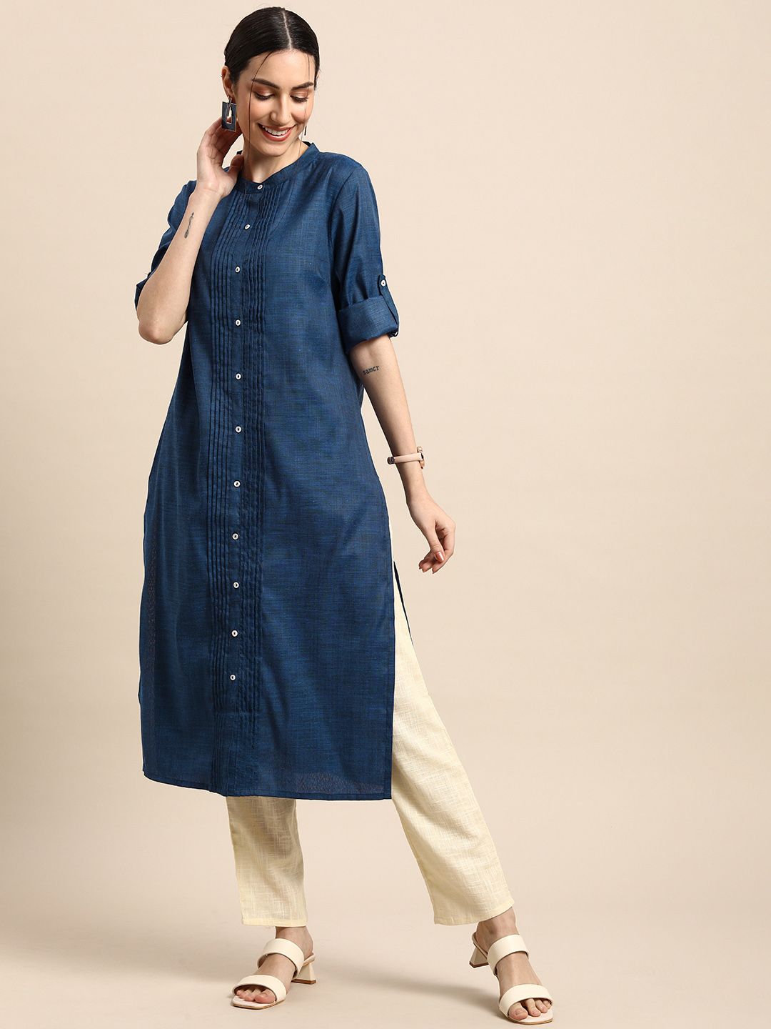 Anouk Women Navy Blue Solid Pleated Mandarain Collar Kurta Price in India