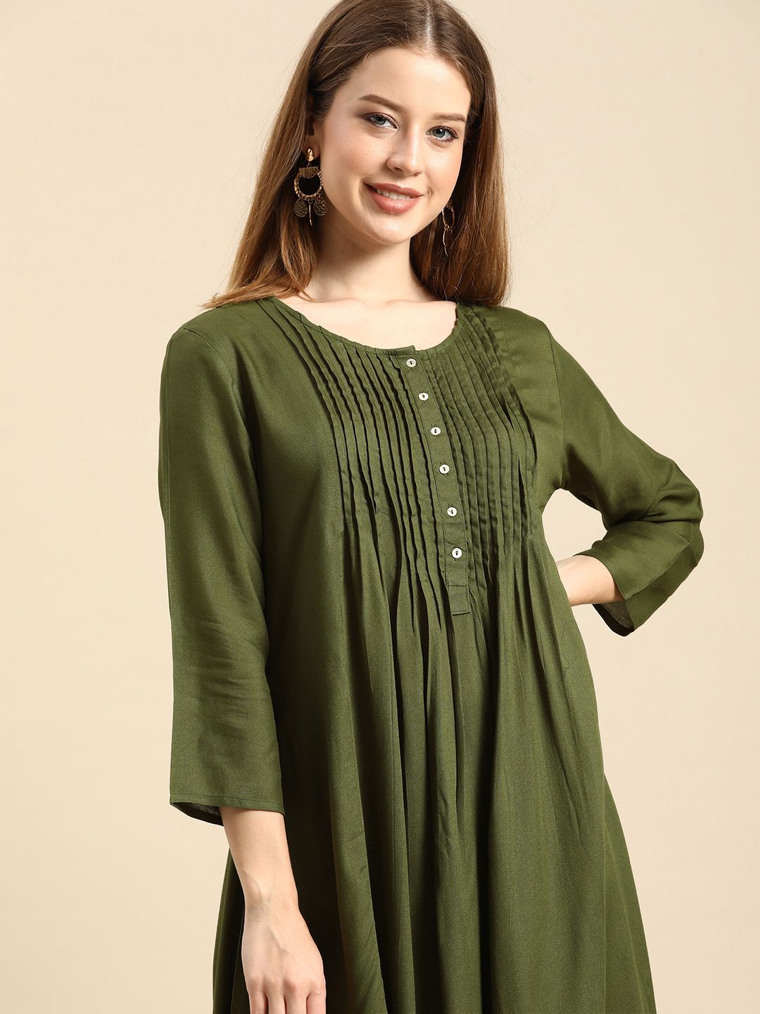 Anouk Women Olive Green Pintuck Pleats Detail A-Line Kurta Price in India