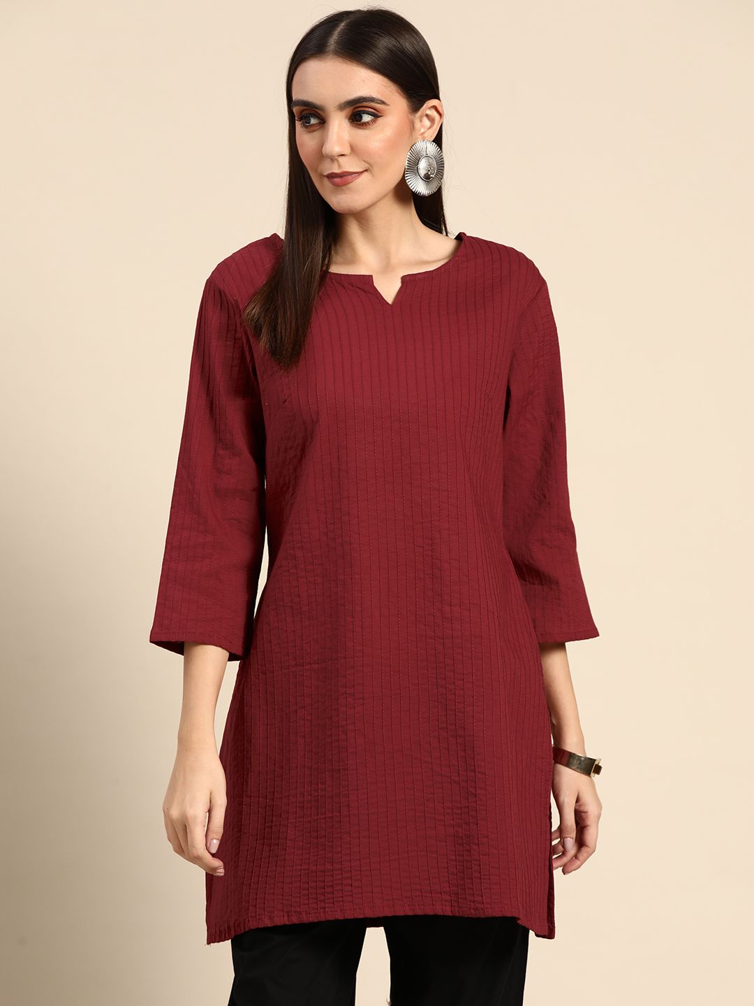 Anouk Women Maroon Embroidered Stripe Thread Work Pure Cotton A-Line Kurta