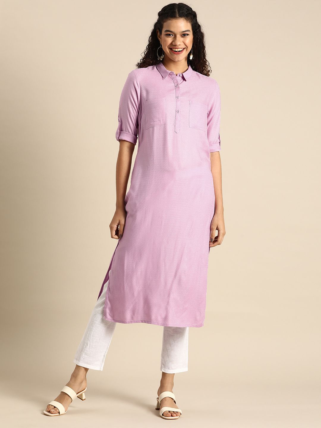 Anouk Women Lavender Solid Shirt Collar Textured Kurta Price in India