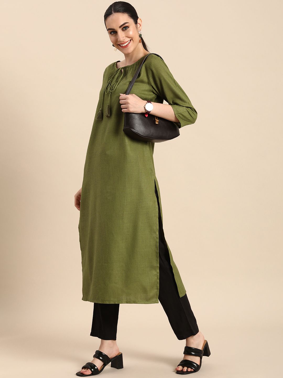 Anouk Women Olive Green Kurta Price in India