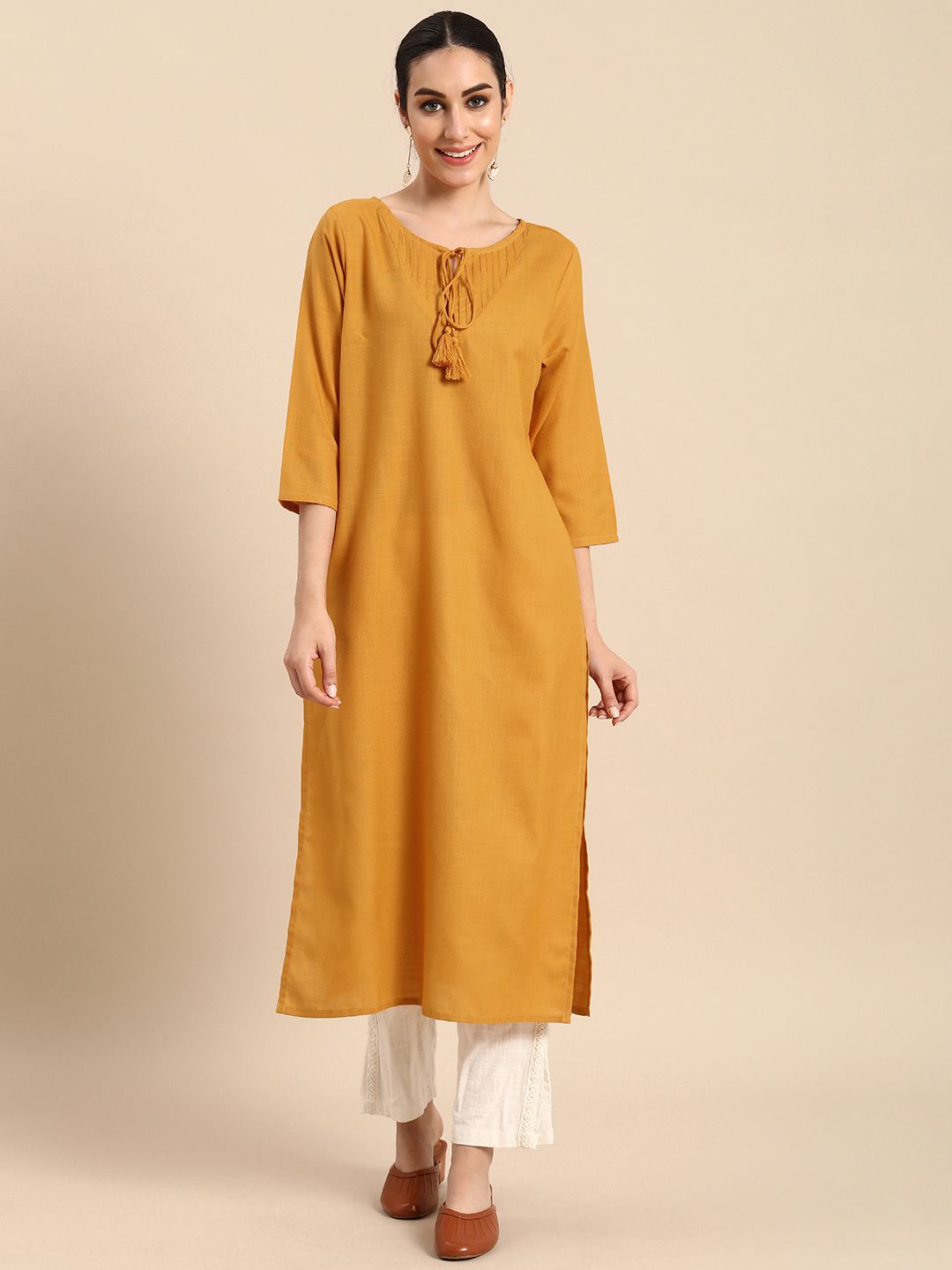 Anouk Women Mustard Yellow Solid Tie-Up Neck Straight Kurta Price in India