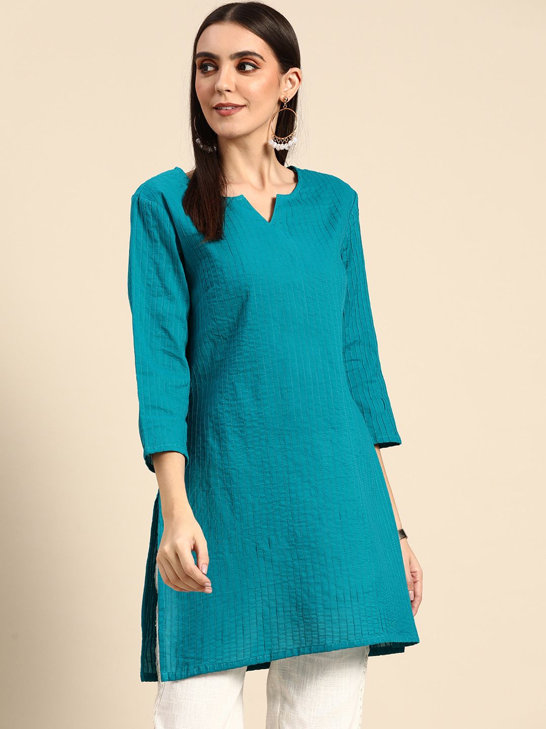 Anouk Women Teal Green Embroidered Stripe Pure Cotton A-Line Kurta Price in India