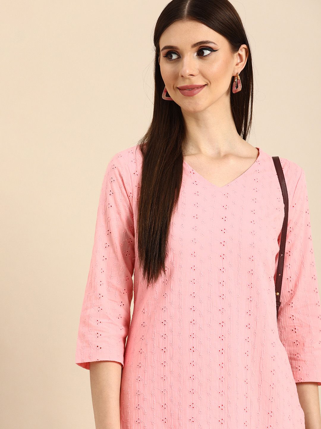 Anouk Women Pink Embroidered Pure Cotton Straight Kurta Price in India