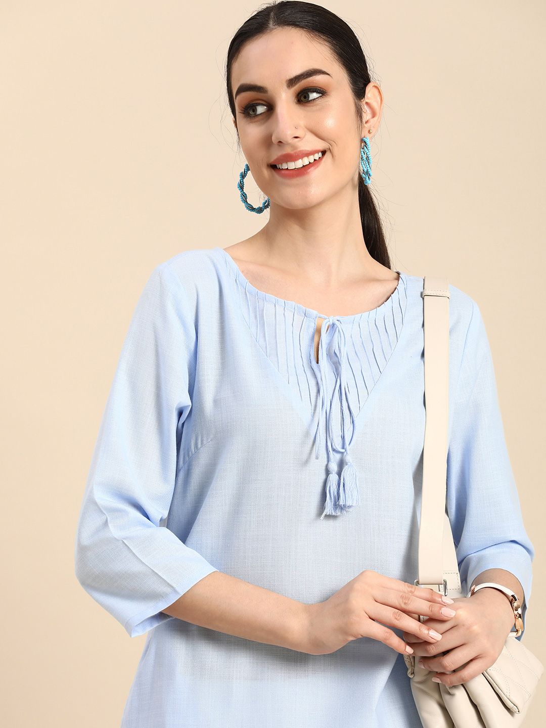 Anouk Women Light Blue Solid Tie-Up Neck Straight Kurta Price in India