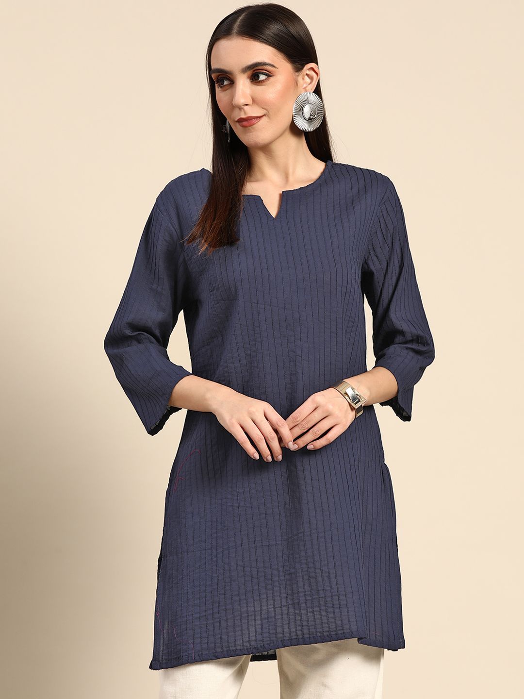 Anouk Women Navy Blue Self Designed Regular Kurta Price in India