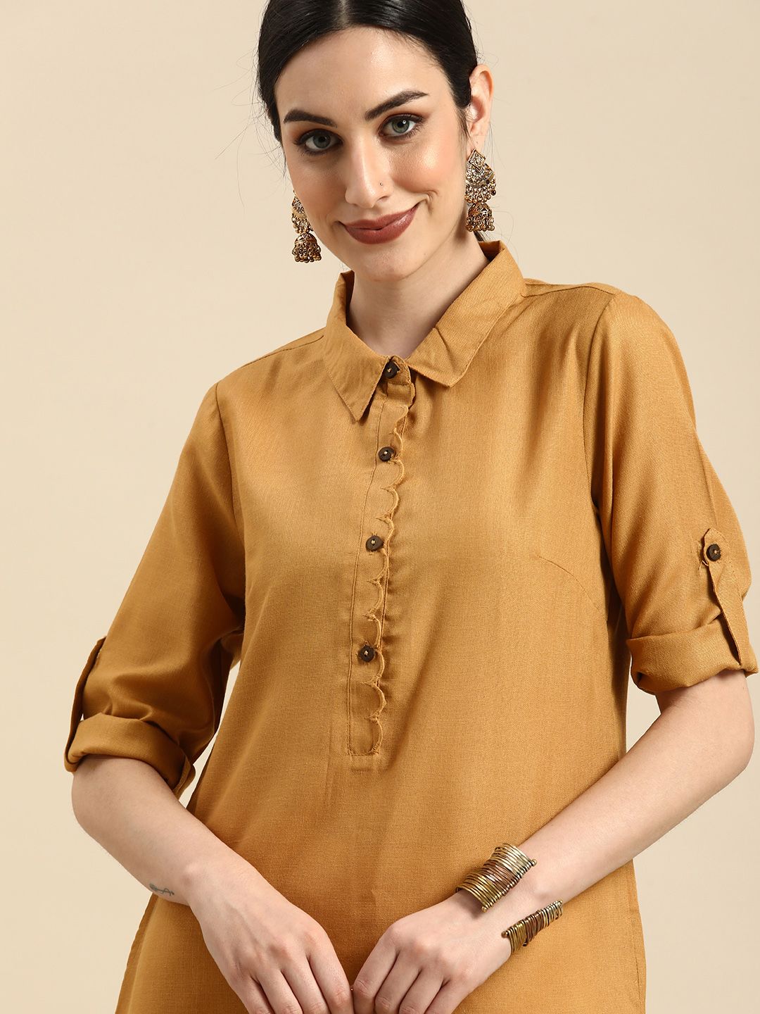 Anouk Women Beige Solid Straight Kurta Price in India