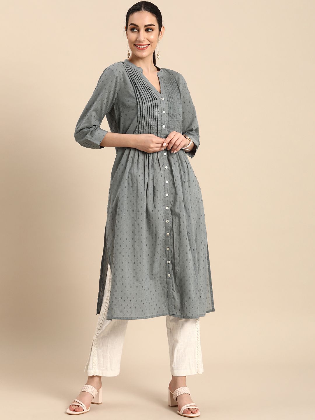 Anouk Women Grey Embroidered Mandarin-Collar A-Line Kurta Price in India