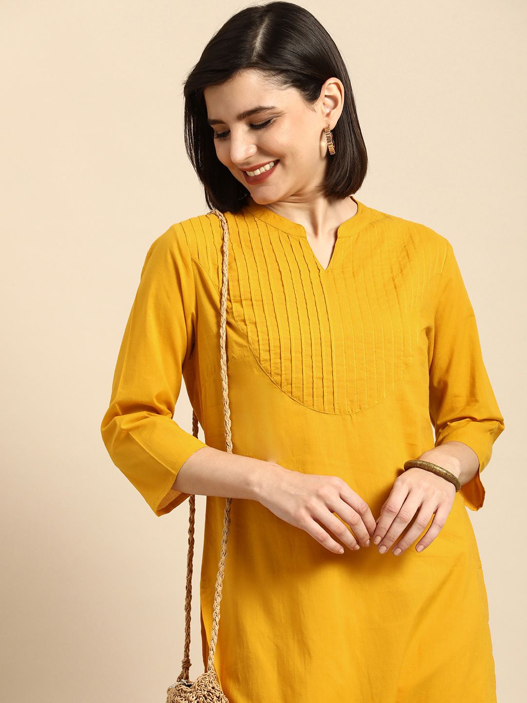 Anouk Women Mustard Yellow Pure Cotton Kurta Price in India